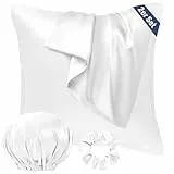 Seiwohl Satin Kissenbezug 80x80 2er Set, Weich wie Seidenkissenbezug Silk Pillowcase, Vegane Seide Kopfkissenbezug Kissenhülle Haarschutz für die Nacht mit Haargummi und Haarhaube, Weiß