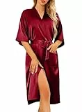 Lovasy Bademantel Damen Satin Japanisch Kimono Jacke Damen mit Gürtel Sexy Morgenmantel Leicht Pyjama für Hochzeit Braut Party,Lila Rot,L