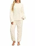 Niwicee Schlafanzug Damen Lang Fleece Pyjama Set Winter Hausanzug Kuschelige Warm Flauschig Nachtwäsche Sleepwear Zweiteiliger Oberteile Und Hosen Freizeitanzug mit Taschen (Beige, S)