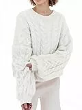 Saodimallsu Pullover Damen Oversized Rundhals Strickpullover Langarm Zopfmuster Grobstrick Pulli Tops Einfarbig Casual Winter Oberteile Weiß M