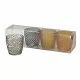 Seaside No.64 - Windlicht-Set 4 teilig aus Glas 7,5 x 7,5cm - Teelichthalter für Romantisches Ambiente - Kerzenständer mit verschiedenen Designs - Retro Kristall Ornamente - (grau/gelb Mix, Set)