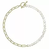 HMOOY 18K vergoldet Halbperle Halbkette Perlenkette und Goldkette Büroklammer Halskette Cuban Gliederkette mit Perle Trendiger Schmuck für Damen Herren