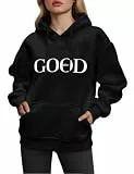 CMTOP Hoodie Damen Letter Print Locker Sweatshirt mit Kapuze Casual Fleece Baumwolle Kapuzenpullover Sport Langarm Pullover mit Tasche Elegant Aesthetic Streetwear für Herbst und Winter(B-Schwarz, S)
