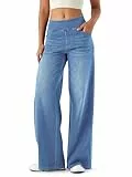 LaiEr Damen Denim Hose mit weitem Bein, hohe Taille, gerades Bein, lockere Passform, Unregelmäßiger handgeriebener Katzenschnurrhaarverlauf hohe Elastizität Casual Jeans(Light BlueXXL)