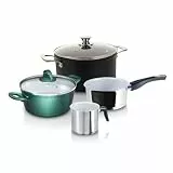 Genius Cerafit Kochgeschirr-Set 6-tlg. 20/24 cm Kochtopf mit Glasdeckel, Stielkasserolle 16 cm mit hohem Schüttrand, Milchtopf 14 cm, induktionsgeeignet, spülmaschinenfest, Antihaft für alle Herdarten