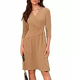 GRACE KARIN Damen Freizeitkleid Dreiviertelärmel Gestricktes Midikleid Taillenband Plissee Khaki L