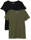 Amazon Essentials Damen Kurzärmeliges T-Shirt mit U-Ausschnitt (erhältlich in Übergröße), Klassischer Schnitt, 2er-Pack, Dunkles Olivgrün/Schwarz, Größe L