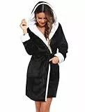 Ekouaer Bademantel Damen Frottee Flauschig Weich Kapuze Knielang Kurz Hausmantel Morgenmantel Fleece Sauna Spa Robe Schwarz L