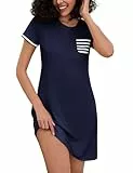 Bresdk Nachthemd Damen Schlafshirt Kurzarm Baumwolle Nachtwäsche Kurz Sleepshirt Sommer Nachthemden Kleid Hauskleid Blau 3XL