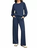 Totatuit Damen Rundhals Jogginganzug Langärmliges Oberteil und Weite Hose Zweiteiler Trainingsanzug Hausanzug Sport Set Lounge Set Marineblau S
