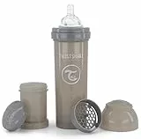 Twistshake Anti-Kolik Babyflasche mit Milchpulverbehälter und Mixer - 330 ml | Brustähnliche Brustwarze aus Silikon mit schnellem Durchfluss | BPA-freie | Geeignet für Babys ab 4 Monaten | Grau