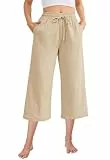 Fourindo Leinenhose Damen 3/4 Weites Bein Sommerhose Damen Leicht Hohe Taille Stoffhose mit Taschen Bequeme Causal Locker Sommer Hosen