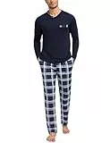 Leversic Schlafanzug Herren Lang Baumwolle mit V-Ausschnitt und Lange Karierte Pyjamahose, Loungewear Sleepwear Pyjama Herren Langarm S-3XL, 271-Dunkelblau, L