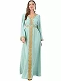 FYMNSI Muslimisches Abaya-Kleid für Damen, islamisches Dubai, bescheidenes Spitzenkleid mit Gürtel, Abayas, Kaftan, Eid, Gebetskleidung, arabischer Maxi-Robe, Grün , Klein
