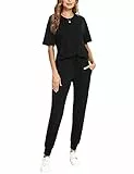 Irevial Damen Tracksuit Kurzarm Rundhalsausschnitt Zweiteiler Trainingsanzug Set Jogginganzug Einfarbig Sportanzug Hausanzug 2 Teilig Freizeitanzug Sportswear Sweatshirt & Jogginghose Schwarz S