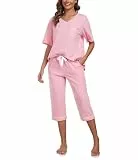 COLORFULLEAF Schlafanzug Damen Capri 100% Baumwolle Pyjamas Set Zweiteiler V-Ausschnitt Nachtwäsche Kurzarm Top und 3/4 Hose(rosa,L)