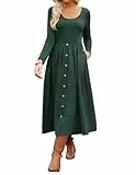 GRACE KARIN Damen Langarm Kleid Einfarbig U-Ausschnitt Midikleid Dunkelgrün XL