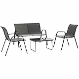 Outsunny 4-teiliges Gartenmöbel-Set, Terrassenmöbel Möbel-Set mit 2-Sitzer-Sofa, 2 stapelbaren Stühlen und Couchtisch mit Glasplatte, aus Stahl, Texteline für Terrasse, Schwarz