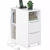 Brinlawb Nachttisch Schmal mit Ladefunktion und LED-Beleuchtung, Nachtschrank mit 3 offenen Fächern, 2 Schubladen Beistelltisch Schmal Sofatisch für Wohnzimmer, Schlafzimmer, Perfekt für kleine Ecke