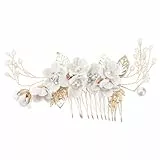 Minkissy Haarkamm für Hochzeit, mit Perlen und Kristallen, mit Strass, Blume, Haarschmuck für Braut, Brautjungfer (weiß)