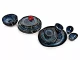 Sänger | Teller Set & Servierplatten Tokio 23 tlg, Geschirrset 4 Personen, Steingut, Tafelservice inkl. Speiseteller Servierplatten Schüssel Set Dunkelblau mit Schwarzen Akzenten | PREMIUM COLLECTION