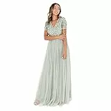 Maya Deluxe, Women's Prom Evening V-neck Maxi Length Sequins Short Sleeves for Wedding Bi Bridesmaid Dress, Grün, 42 EU