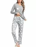 Litherday Schlafanzug Damen Lang Baumwolle Pyjama Set Winter Langarm Loungewear Nachtwäsche mit V-Ausschnitt Taschen für Teenager Mädchen Grau M