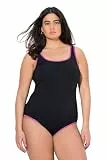 Ulla Popken Damen große Größen Übergrößen Plus Size Badeanzug, farbige Paspeln, ohne Softcups, Rundhal schwarz 42+ 837723100-42+