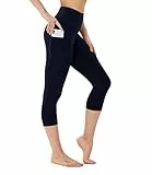 FOTOCITI Leggings Damen mit Tasche Capri Leggins High Waist Caprihose Sommer Blickdicht Sportleggins Sporthose Hose Gym Outdoor Yoga(Navy,S-M)