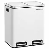 SONGMICS Mülleimer Küche, 2 x 15 Liter, Mülltrennsystem 2 Fächer, inklusive 15 Müllbeutel, Abfalleimer, Treteimer, recycelbare Abfälle, Biomüll, Softclose-Deckel, wolkenweiß LTB30WT