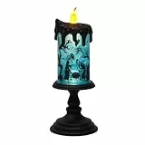 Eldnacele Halloween Schneekugel flammenlose Kerze mit Timer, batteriebetrieben, gruselig drehendes Wasser, glitzernde Tornado-Lampe, LED-Kerzenständer, Tischkamin, Hexe, Aufkleber