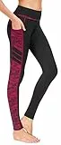 Flatik Damen Netzoberfläche Sport Gym Yoga Laufen Fitness Leggings Hose, Schwarz Rot(long Hosen), XL