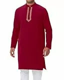 NANAMEEI Kurta Thobe Herren-Kaftan mit Knopfleiste, langärmelig, Baumwolle, Leinen, muslimischer Kaftan, M-3XL, Weinrot, X-Large