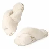 Ankis Hausschuhe Damen Plüsch mit Kreuzband Warme Pantoffeln, Memory-Schaum und Offene Zehenpartie Flauschige Hausschuhe Damen für Drinnen und Draußen (Weiß - 38/39 EU)