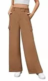 Yommay Cargo Hosen für Damen Sommer Casual Lockere Palazzo Hose Stretch High Waist Wide Leg Leicht Jogginghose mit Taschen,Khaki,XL