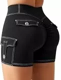 STARBILD Damen Radlerhose Kurz 4.5 Zoll mit Cargo-Stil Tasche, Scrunch Sport Shorts Hoher Bund Booty Lifting | Atmungsaktiv Blickdicht Yogahose für Fitness Laufen Gym, Schwarz S