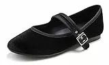 Feversole Mary Jane Halbschuhe,Flach Freizeit Tanzschuhe，Mary Jane aus schwarzem Samt mit veganem Futter 39