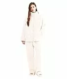 POWER FLOWER Damen Flauschiges Fleece-Schlafanzug-Set – 2-teiliges lockeres Plüsch-Loungewear-Set mit Reißverschlussjacke, gemütliche Winterschlafbekleidung (LY215-White, XL-XXL)