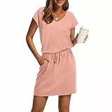 Generisch Sommerkleid Damen Knielang Hohe Taille Kurzarm Strandkleid Leicht V-Ausschnitt Sonnenkleider mit Kordelzug Luftiges Damenkleid Sommer Freizeitkleider mit Taschen 1#Rosa XL