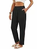 outfit spring Damen Sommerhosen Leicht 7/8 Leinenhose Damen Luftige Sommerhose mit Spitzenbesatz, Atmungsaktiver Baumwoll-Leinen-Mix Hose Damen Sommer Elastischer Bund mit Kordelzug, Schwarz, M