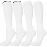 Beaulov 4 Paar Damen Kniestrümpfe Rüschen Overknee Strümpfe Atmungsaktive Baumwolle Kniehohe Socken Bequem für Alltag Freizeit Weiß