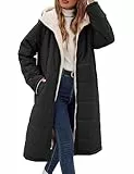 Tuopuda Damen Wintermäntel Lang Winterjacke Warm Winter Fleece Gefüttert Sweatjacke Jacke Mantel Parka Jacket mit Kapuze Teddyfleece Steppjacke Übergangsjacke Winterparka Steppmantel, Schwarz, L