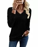 Tanmolo Damen Pullover Herbst Leicht Langarm V-Ausschnitt Elegant Oberteile Strickpullover Rippenoptik Schwarz, XL