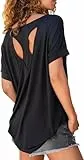 Fisoew Sportshirt Damen Fitness Kurzarm Yoga T-Shirt Leicht Gym Sport Oberteile Locker(Schwarz, L)