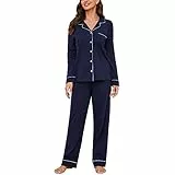 U2SKIIN Schlafanzug Damen lang 100% Baumwolle, Pyjama Damen weiche Pyjamas Set leichte Nachtwäsche Schlafanzüge für Frauen Zweiteiler Pyjama Set (Dunkelblau, L)
