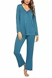 MAXMODA Schlafanzug Damen Lang Pyjama Set Langarm Nachtwäsche Winter Schlafanzüge Zweiteiliger, Blaugrün S