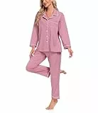 COLORFULLEAF Schlafanzug Damen Lang 100% Baumwolle Pyjama Damen mit Knopfleiste Langarm Zweiteiliger Nachtwäsche Hausanzug(Düstere Rose,L)