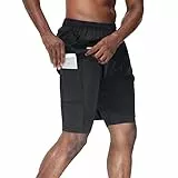 HMIYA Herren 2 in 1 Shorts Fitness Sporthose Kurz Jogginghose Schnelltrocknende Laufhose mit Kompressionsshorts und Taschen Reißverschlussfach(Schwarz,EU-L/US-M)
