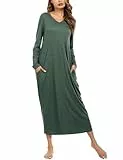 Sykooria Nachthemd Damen Lang Baumwolle Gestreifter Nachtkleid Morgenmantel Stillnachthemd Sleepwear mit Taschen, A-Dunkelgrün, 3XL
