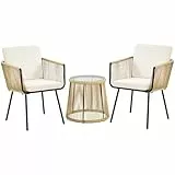 Yaheetech 3TLG. Rattan Balkonset, Gartenmöbel Set inkl. 2 Stühle mit 6cm Dick Sitz- und Rückenkissen & 1 Tisch mit 5mm Dick Hartglasplatte, Gartensitzgruppe für Balkon Outdoor, Hellbraun/Cremeweiß